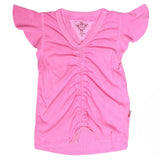 T2LOVE RUFFLE SLEEVE GATHERED FRONT TOP - NEON PINK