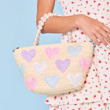 OMG ACCESSORIES GLITTER HEARTS STRAW PEARL HANDLE TOTE BAG