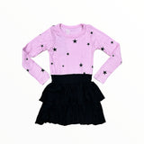 FLOWERS BY ZOE L/S RUFFLE SKIRT DRESS - BLACK/PINK/STAR