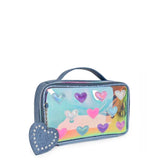 OMG ACCESSORIES CLEAR HEARTS PRINT POUCH - DENIM HEART CHARM