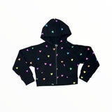 FLOWERS BY ZOE ZIP HOODIE - BLACK/ MULTI HEARTS