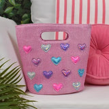 OMG ACCESSORIES HEART PATCHED PINK STRAW TOP HANDLE MINI TOTE BAG