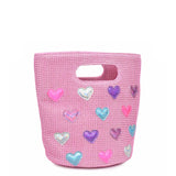 OMG ACCESSORIES HEART PATCHED PINK STRAW TOP HANDLE MINI TOTE BAG