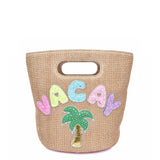 OMG ACCESSORIES "VACAY" PATCHED STRAW TOP HANDLE MINI TOTE BAG