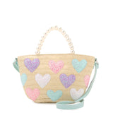 OMG ACCESSORIES GLITTER HEARTS STRAW PEARL HANDLE TOTE BAG