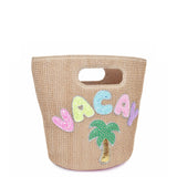 OMG ACCESSORIES "VACAY" PATCHED STRAW TOP HANDLE MINI TOTE BAG