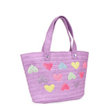 OMG ACCESSORIES HEART PATCHED PURPLE STRAW TOTE BAG