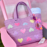 OMG ACCESSORIES HEART PATCHED PURPLE STRAW TOTE BAG