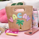 OMG ACCESSORIES "VACAY" PATCHED STRAW TOP HANDLE MINI TOTE BAG