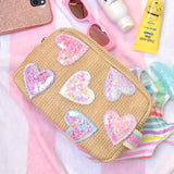 OMG ACCESSORIES CONFETTI HEART PATCHED STRAW POUCH