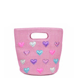 OMG ACCESSORIES HEART PATCHED PINK STRAW TOP HANDLE MINI TOTE BAG