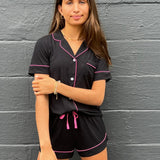 KATIE J LYNN SHORTS LOUNGE SET - BLACK/NEON PINK TRIM